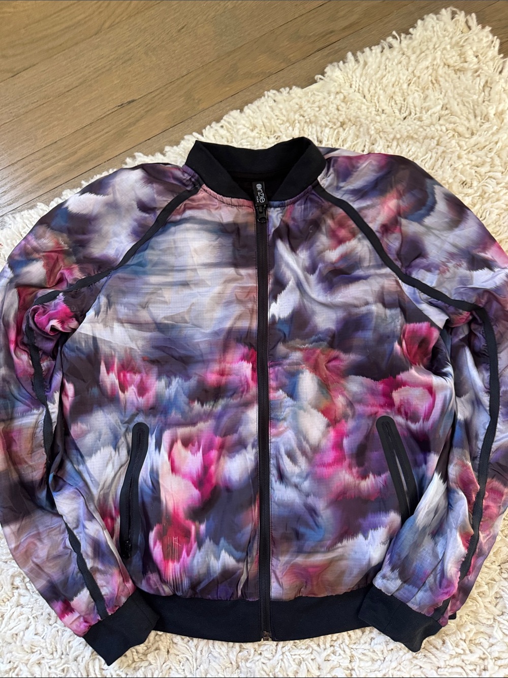 Onzie Floral Watercolor Bomber Jacket in Pink, Purple, Black
